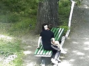 Voyeur sex video catches Asian couple fucking on bench